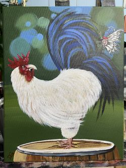Curious Rooster With Butterfly Art Painting