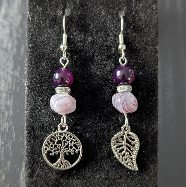 Purple Jade Tree & Leaf Dangle Earrings