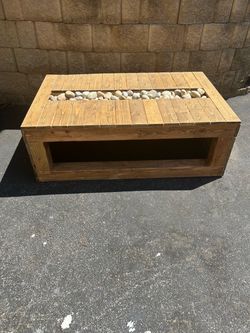 Rustic Wood Coffee Table with River Rock Inlay