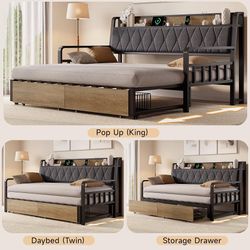 Twin Size Daybed with Trundle, Twin to King Daybed with Pop up Trundle, Metal Twin Day Bed Frame with Storage Drawers, Upholstered Headboard & Power O