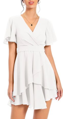 Women's Dress Deep V-Neck Short Sleeve Waist Tie Ruffle Mini Swing Skater