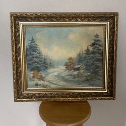 22x26” Winter Cottage Scene, Gold Ornate Frame