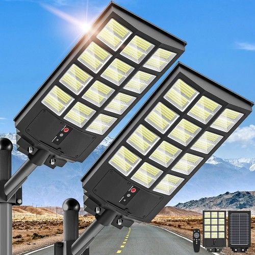 3000w Solar Street Lights Outdoor, 2pack Wide Angle Commercial Solar Lights Outdoor Dusk to Dawn, 6500K Flood Light Outdoor with Motion Sensor, IP66 W