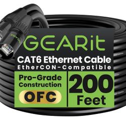 GearIT CAT6 Ethernet Cable, EtherCON-Compatible (200 Feet) RJ45 Connectors for Pro Audio, Aluminum Shielded, Oxygen Free Copper - 200 ft. - Black 