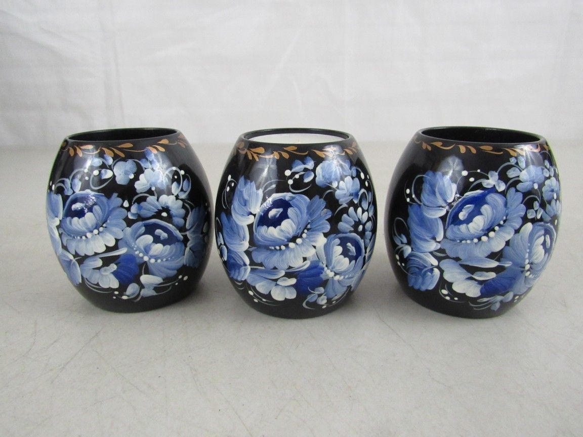 Lot Of 3 Sapfir Ukrainian Wooden Hand Painted Tea Light Candle Holders