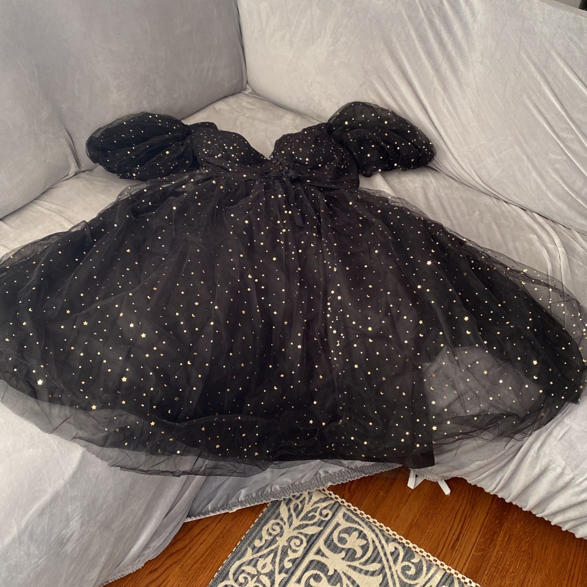 Fit & Flare Black Party Dress With Sparkling Moons & Stars