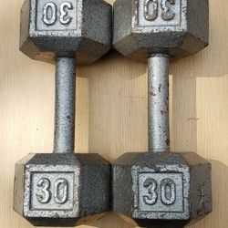 Hex Dumbells In Pairs Of 30lbs,  25lbs,  20lbs, and 15lbs.