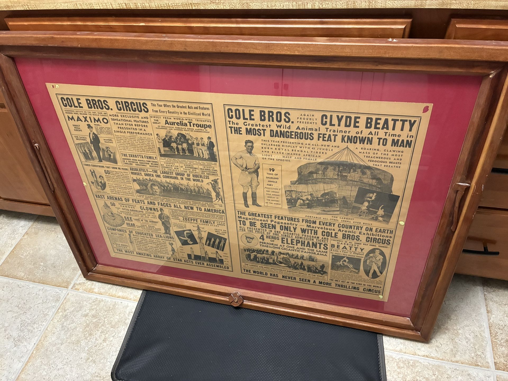 Antique Circus advertisement with old wooden framed