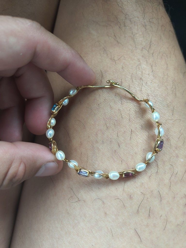 Bracelet - Bangle - Ruffle - White Pearl-Multi Gemstone - 14KTYG