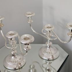 2  Vintage Silver Metal Candelabra Three Candle Holders In Excellent Condition  ( Each Candle Holder $30