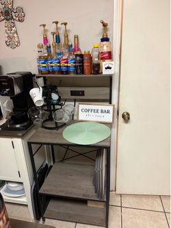 Kitchen Bakers Rack with power outlet: Coffee Bar: Shelving