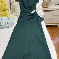 Xscape Pine Green Gathered Off-Shoulde Scuba Crepe Column Gown Size 8 , New Whit Tags