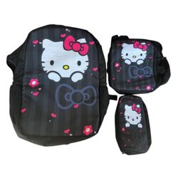 Hello Kitty 3PC Backpack Set Girls Book Bag Lunch Tote Pencil Case Black Pink