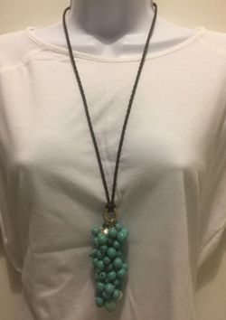 Natural Blue Turquoise Howlite Pearls XL Pendant Necklace w/long cord Grape Vine