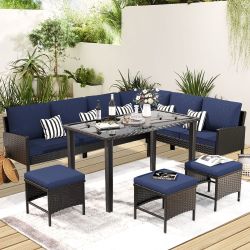 7-Piece Outdoor Furniture Set,outdoor dining table set,Waterproof Cushion,glass table,Modern blue design for backyard, patio or garden