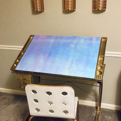 Holographic Gold Architect Drawing Desk With Modern Chair