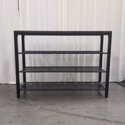 Black Metal Four-Tier Shoe Rack with Rustic Top