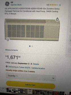 NEW GE APPLIANCE 42” ZONELINE SERIES Package Terminal Air Conditioner With Heat Pump, 14400 Cooling BTU,IN BISQUE