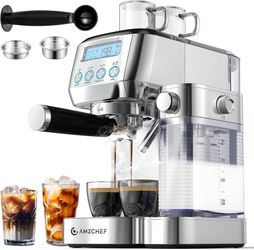 Espresso Machine with Upgraded Automatic Milk Frother, 20 Bar Cappuccino Machines with LCD Display for Home Gifts, Latte Coffee Maker with Dual Wall &
