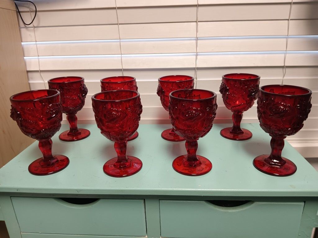 Vintage Fenton Madonna Inn Wild Rose Ruby Red Goblets Lot Of 8