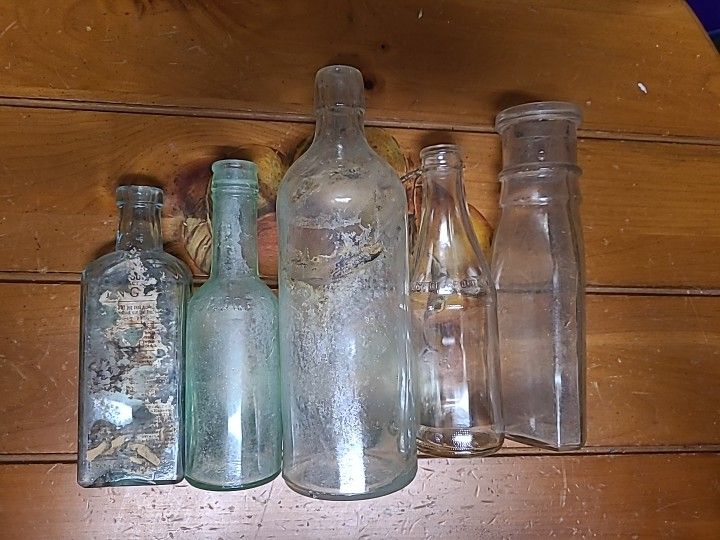 Lot of 5 Unique Collectable Unlabeled Uncleaned Vintage Glass Bottles