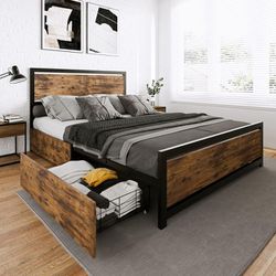 Queen Bed Frame with 4 XL Storage Drawers, Storage Platform Bed with Wooden Headboard & Footboard, No Box Spring Needed