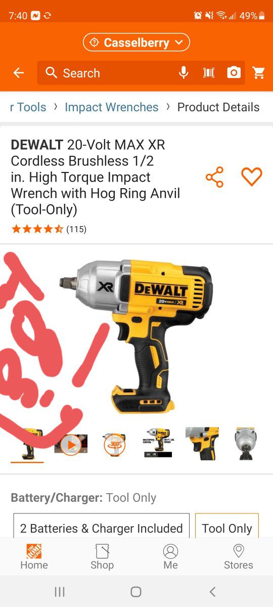 Dewalt Brushless Impact Wrench Tool Only 1/2 Brand New 
