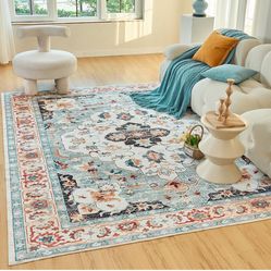 OIGAE Washable Rug 5x7, Vintage Medallion Area Rugs with Non-Slip Backing, Non-Shedding Floor Mat Throw Carpet for Living Room Bedroom Kitchen Laundry