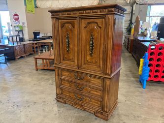 THOMASVILLE Vintage Solid Wood 5 Drawer Armoire with Ornate Brass Swing Pulls