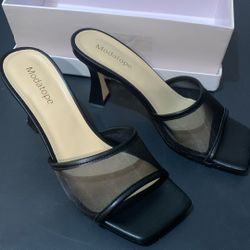 Modatope Black Heels Open Toe Heeled Mesh Slip On Sandals 