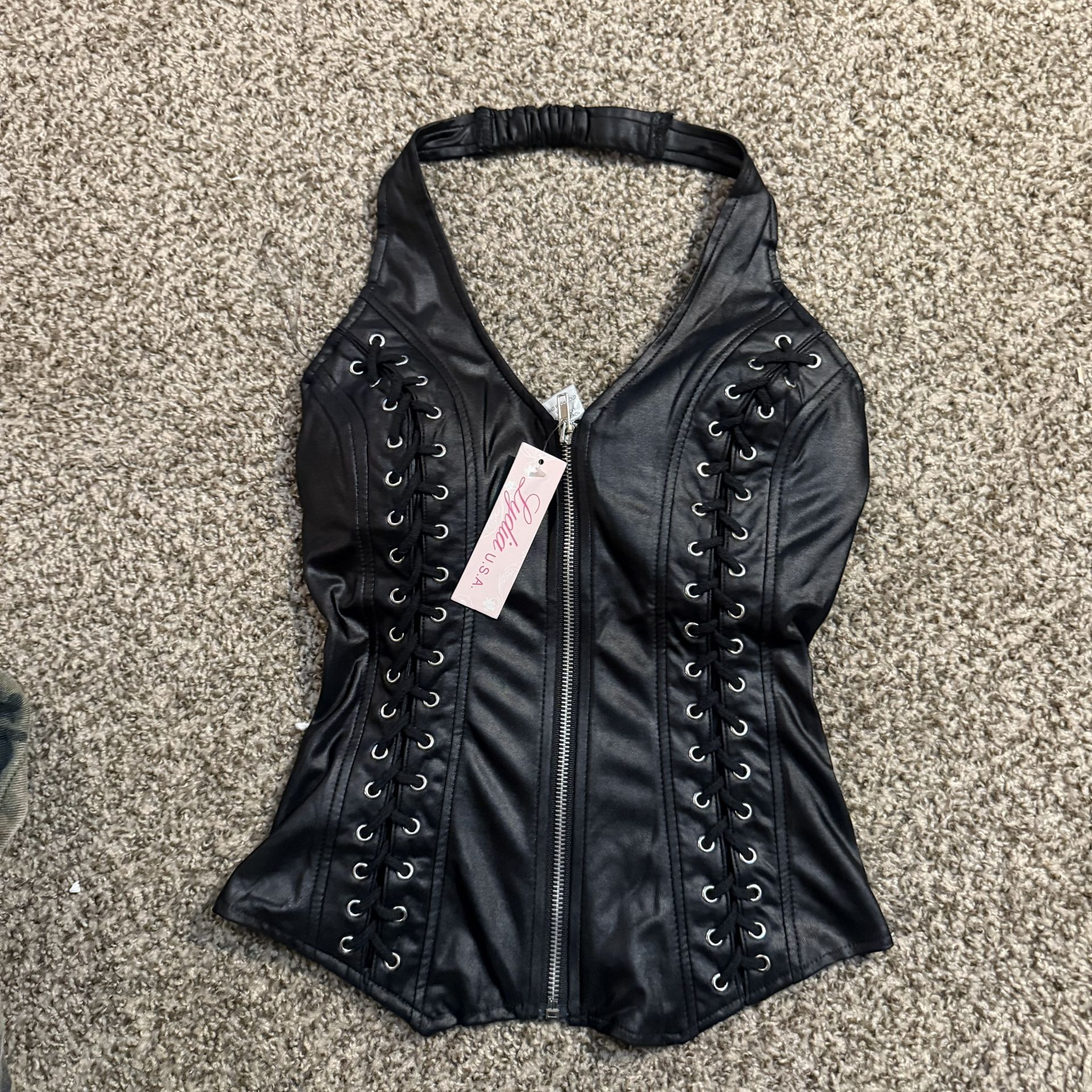 Black Faux Leather Corset Top β Lace Up & Zip Front (New w/ Tags)