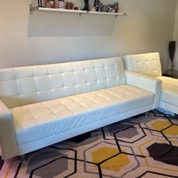 Pull Out Futon Couch Faux White Leather 200$ Two Pieces 