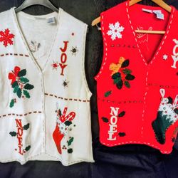 A Pair Of 1980's Real Ugly Women's Christmas Button Up Sweater Vest