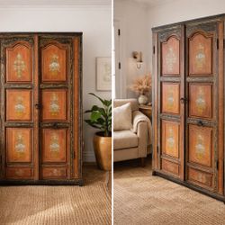 Large Vintage Hand Painted Solid Wood Cabinet Asian Armoire Boho Decor Storage Piece 