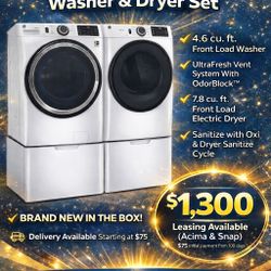 GE WASHER AND DRYER SET WITH STORAGE PEDESTAL