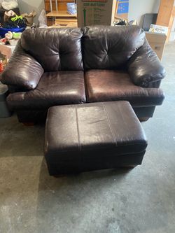 Dark Brown Leather Loveseat with Ottoman
