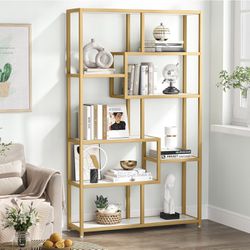 New assembled F1776 Bookshelf 5 Tier Etagere Bookcase, Modern Gold Book Shelf Organizer Display Rack with 8 Open Storage Shelf for Home Office, Living