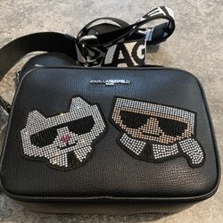 Karl Lagerfeld Cat & Rhinestone Applique Black Crossbody Bag with Coin Purse New