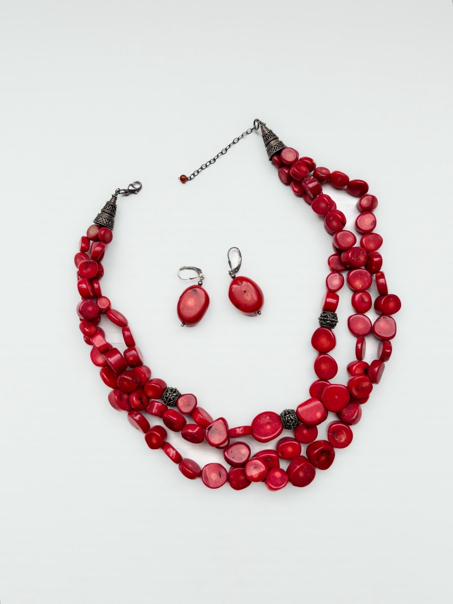 Genuine Coral Necklace And Earrings Set