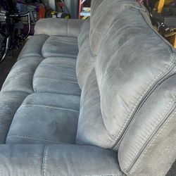 Gray Faux Suede Reclining Sofa – Dual Recliners – Very Comfortable – 84” 