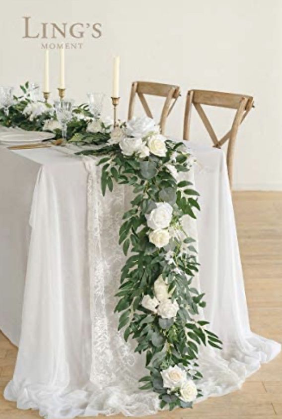 Artificial Eucalyptus Garland with Flowers 6FT, Wedding Table Garland with Flowers Mantle Decor Handcrafted Wedding Centerpieces for Rehearsal Dinner 