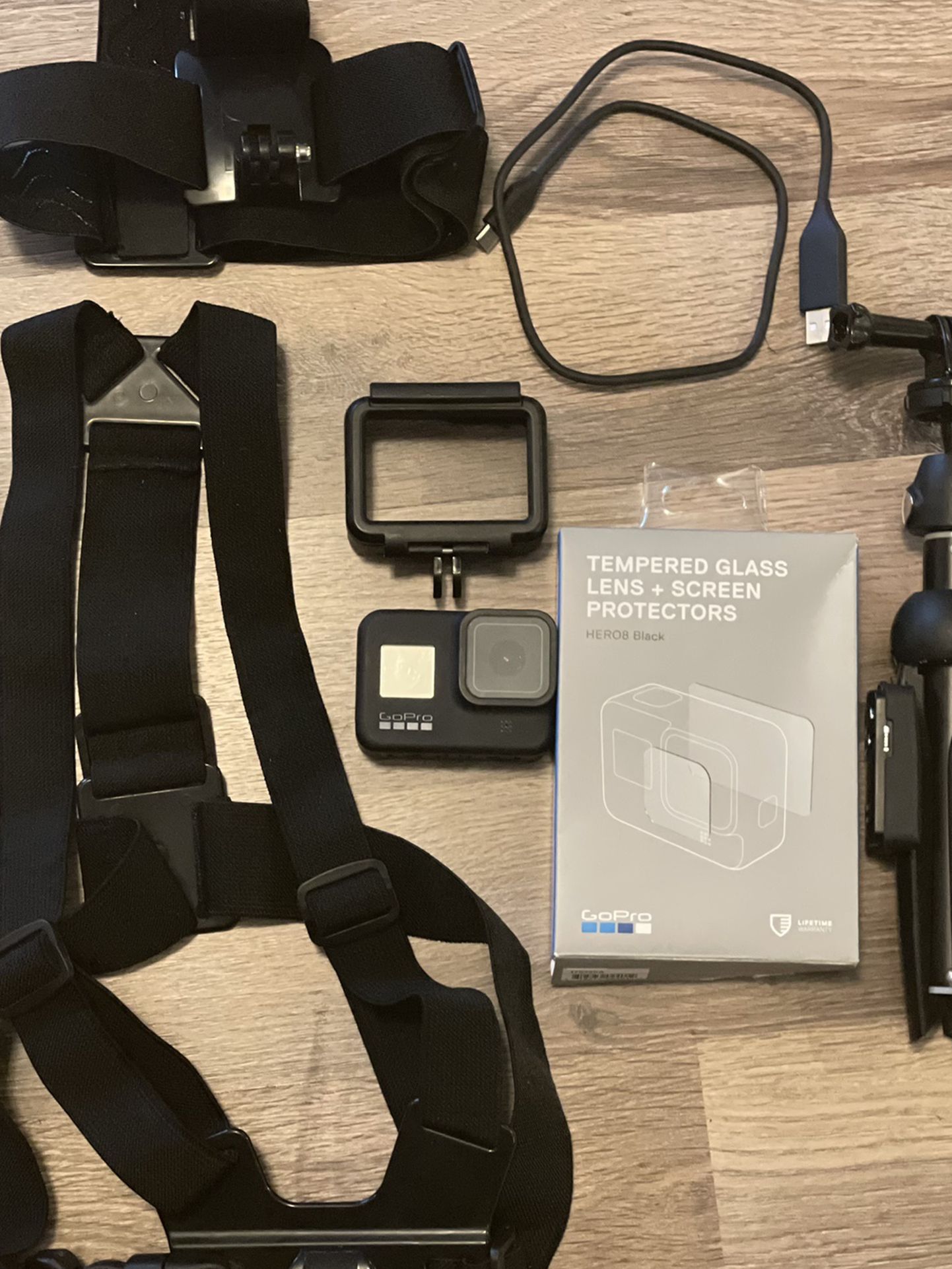 GoPro Hero 8 with 3ft Extendable Tripod and Chest and Head straps/mounts and micro SD.