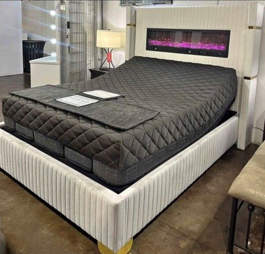 Bed 🛌 With Fire LED flames 🔥 Gold Legs