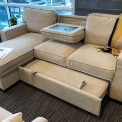 86.5"W Beige Fabric Reversible Sleeper Sectional with Storage Chaise Drop-Down Table 2 Cup Holders and 2USB Ports