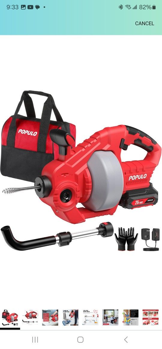 20V Cordless Electric Drain Snake, 25Ft
