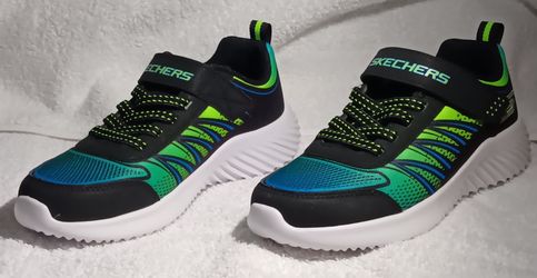 Sketchers Boys Kids Children Shoes Sneakers Size 2 Velcro No Lace Tie Black Blue Green