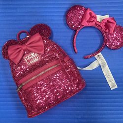 Loungefly Disney Parks Exclusive Sequin Magenta Hot Pink Mini Backpack and Matching Ears/Headband - Both NWTs 