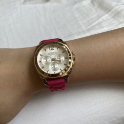Coach Women’s Wristwatch Hot Pink Plastic Band Gold Frame 