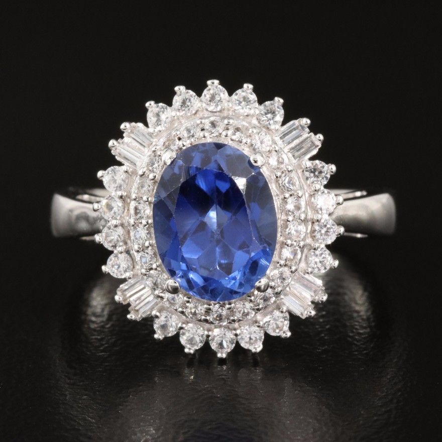 2.65 Ct Blue Sapphire Ring Surrounded By White Sapphires