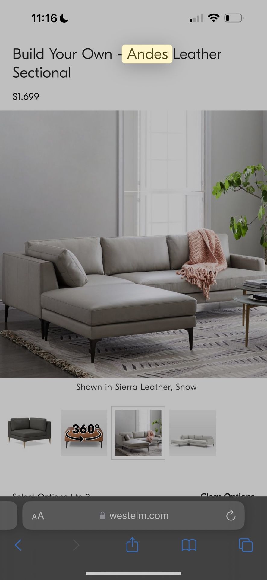 Andes Set 2: Right 2.5 Seater Sofa, Ottoman, Corner, Leather, Cement